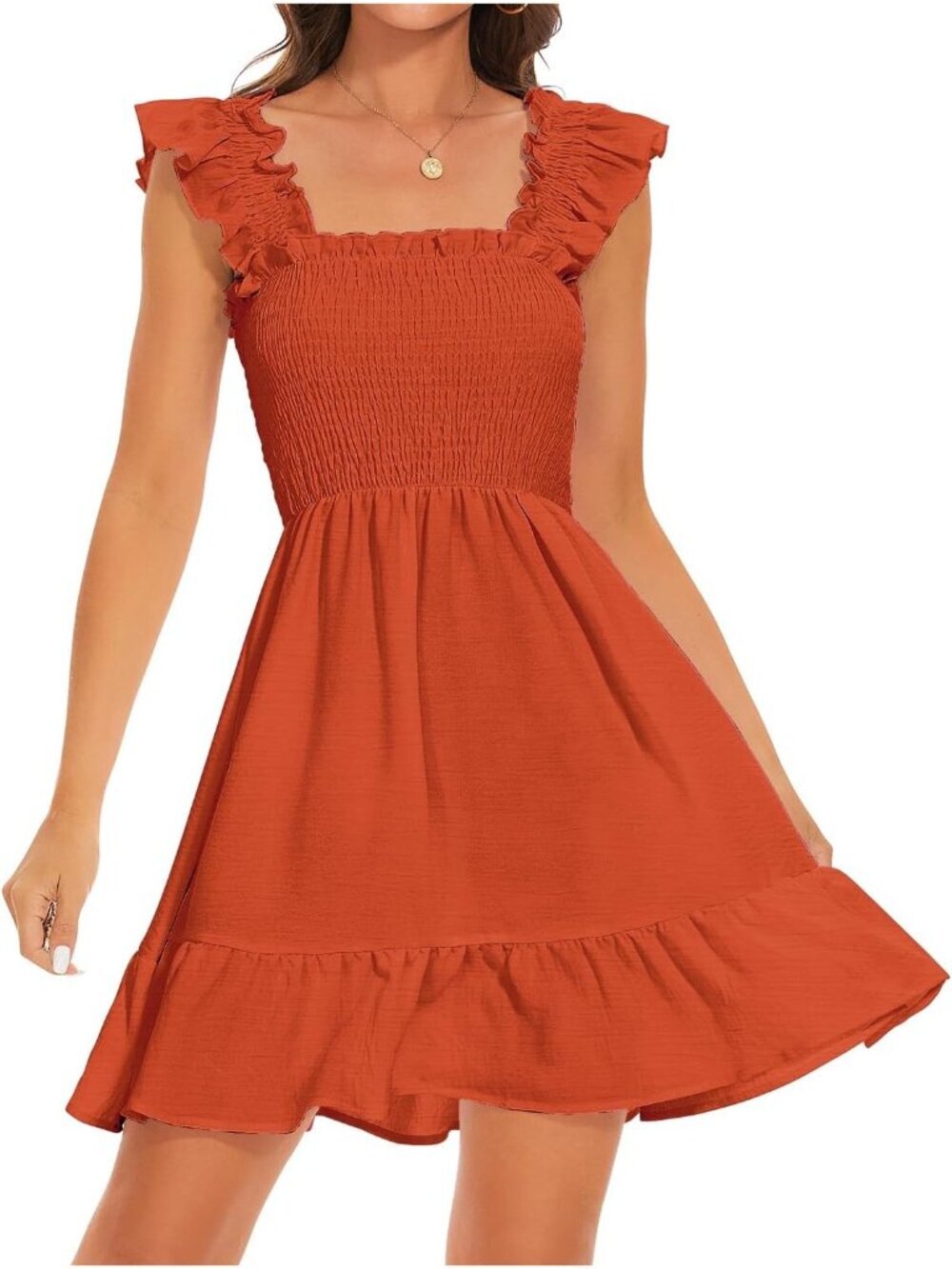 Women's Orange Smocked Dresses Square Neck Elegant Tiered Boho Ruffle Shoulder
